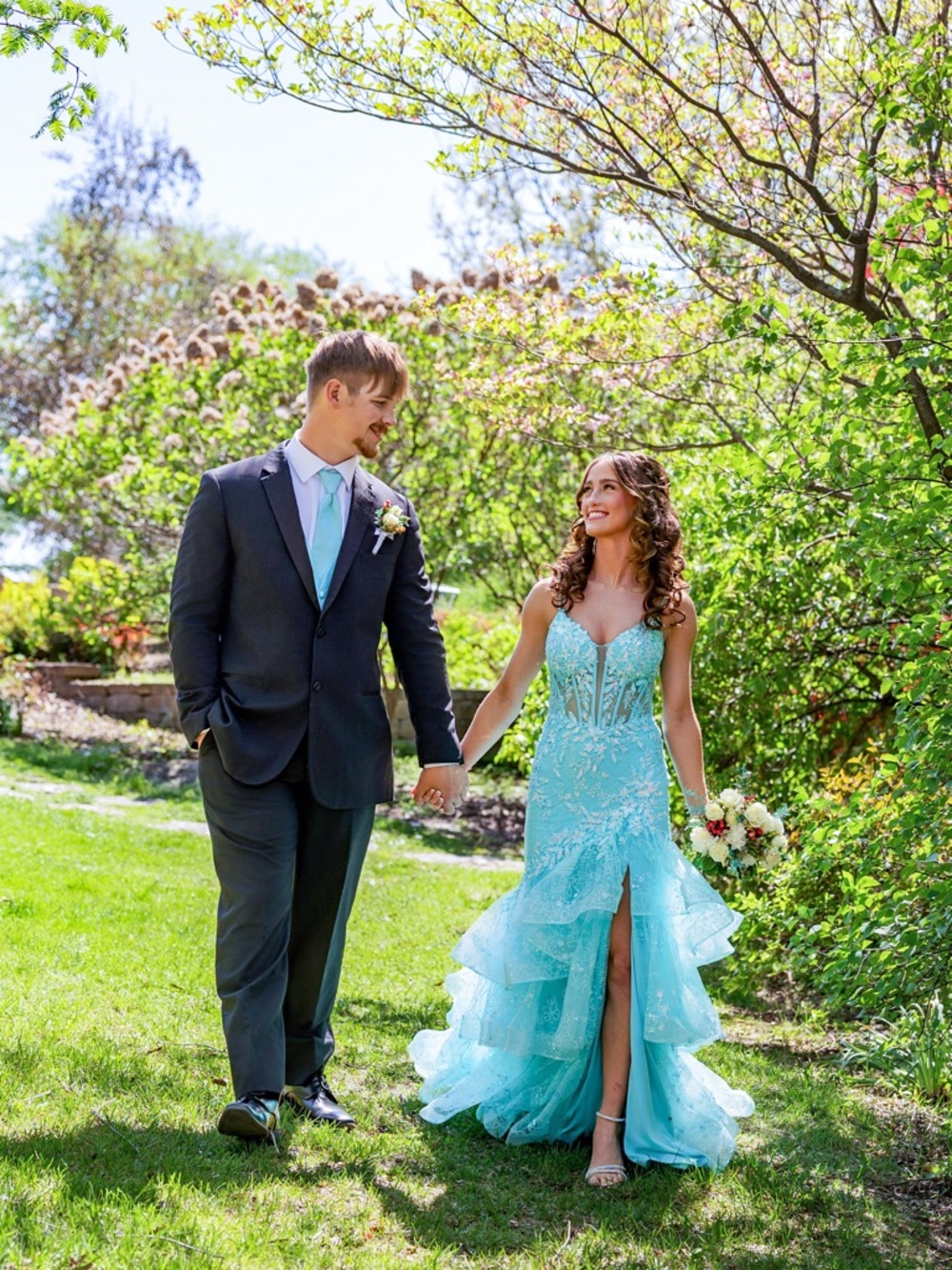 Aqua Sequined Ruffled Mermaid Prom Gown - Picture 3 of 8